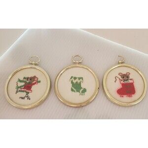 VTG Cross Stitch Embroidery Round Framed Christmas Ornaments Set of 3 Mouse 1980